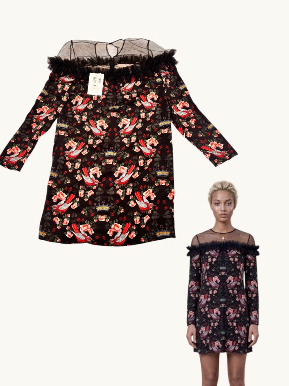 RARE $795 NWT ARCHIVE MOTHER OR PEARL SILK BIRD TAPESTRY RUFFLE MINI DRESS 4 - Picture 2 of 7